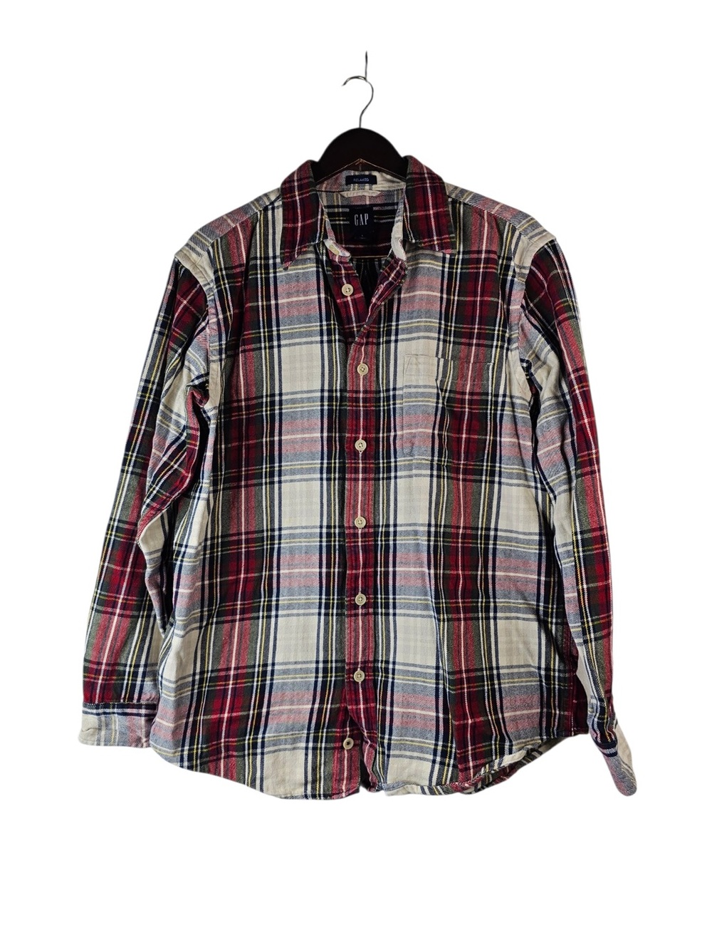 Gap Mens Large Relaxed Fit Long Sleeve Plaid Flannel Shirt Red Green Cream